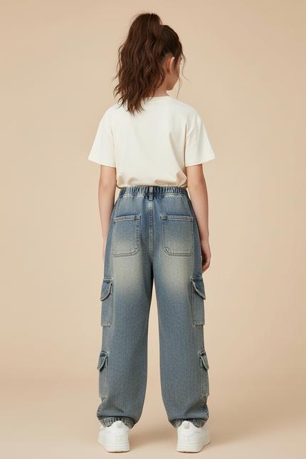 Pantalon Cargo Denim Ample Multipoches Enfant - Bleu Jean - vue 2