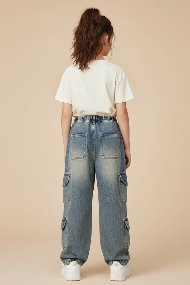 Pantalon Cargo Denim Ample Multipoches Enfant - Bleu Jean - vue 2