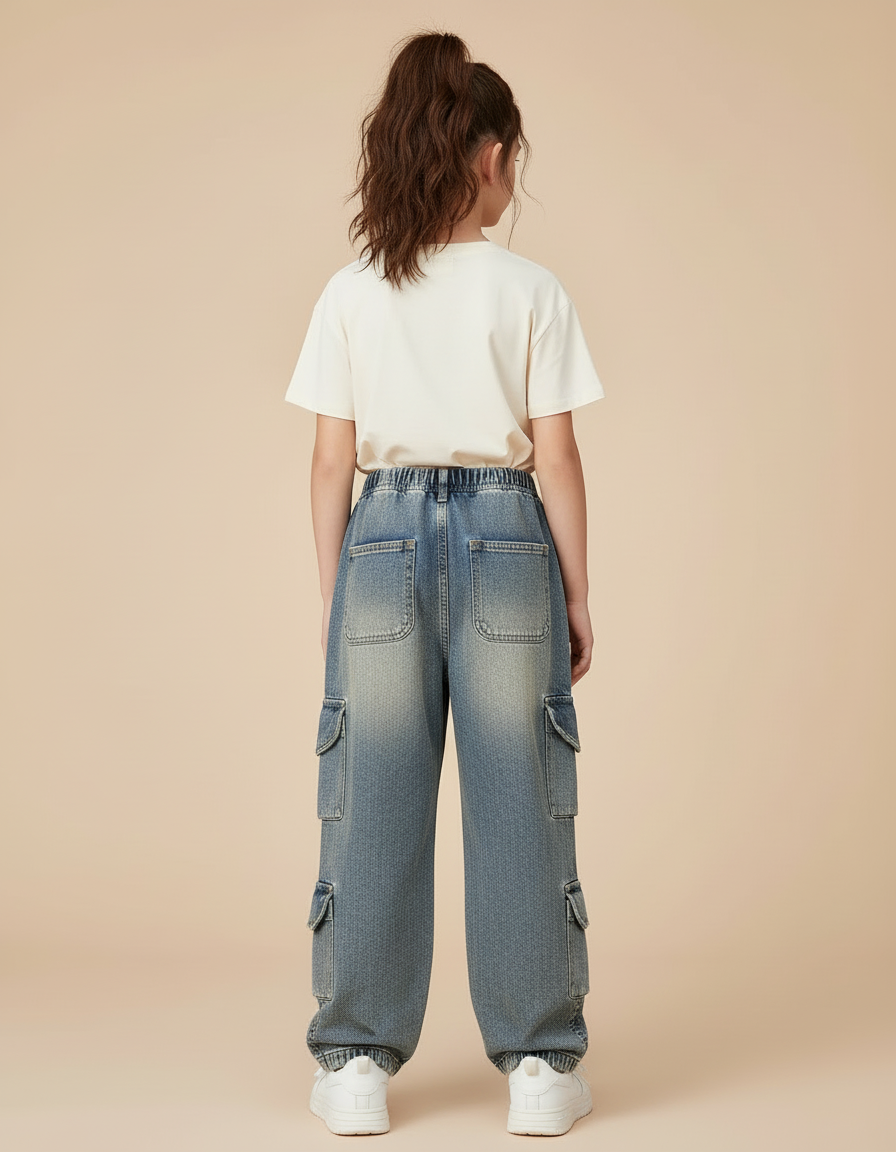 Pantalon Cargo Denim Ample Multipoches Enfant - Bleu Jean - vue 2
