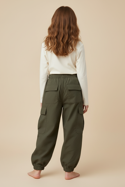 Pantalon Cargo Vert Ample Coton Enfant Décontracté - Kaki - vue 2
