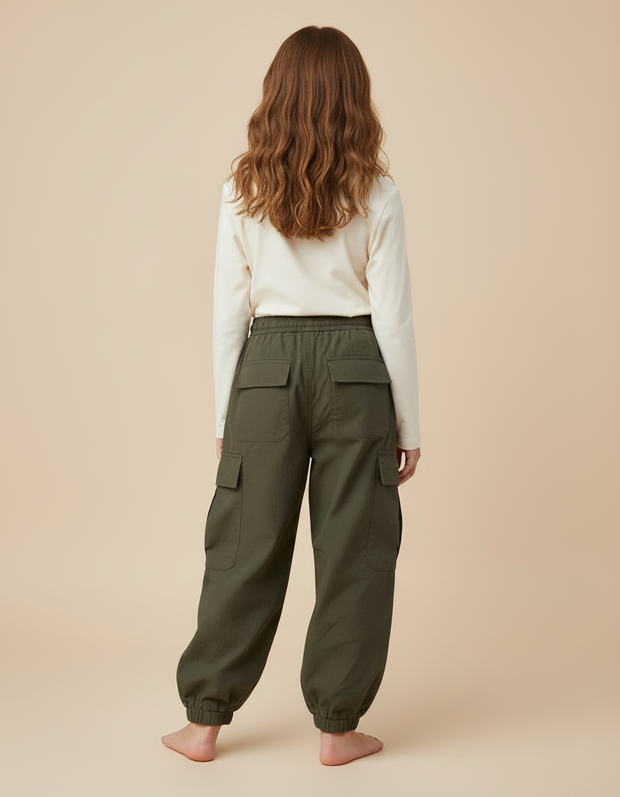 Pantalon Cargo Vert Ample Coton Enfant Décontracté - Kaki - vue 2