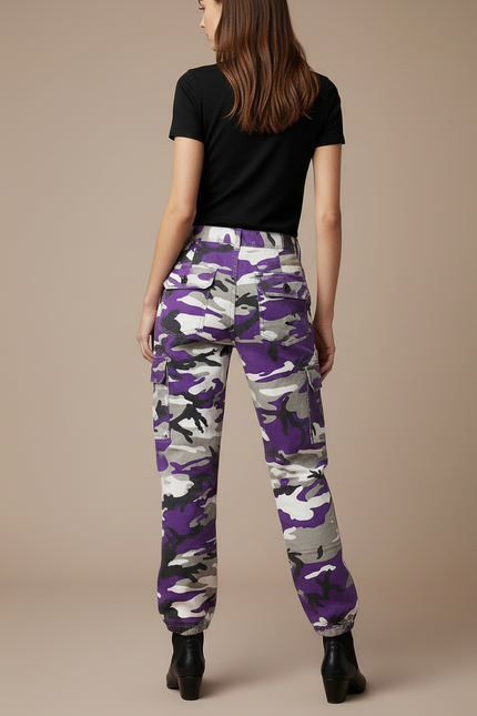 Pantalon Cargo Camouflage Violet Ample Décontracté Femme - Toile - vue 2