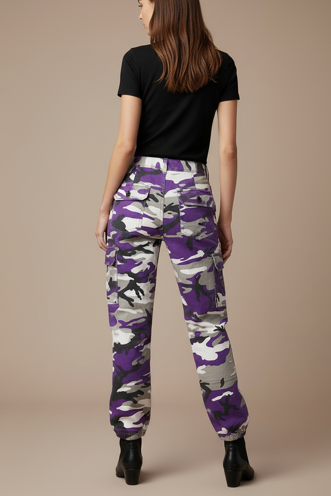 Pantalon Cargo Camouflage Violet Ample Décontracté Femme - Toile - vue 2
