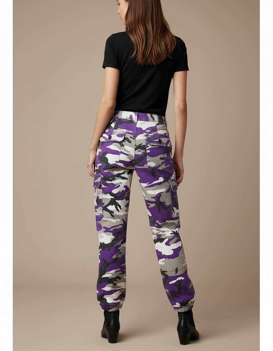 Pantalon Cargo Camouflage Violet Ample Décontracté Femme - Toile - vue 2
