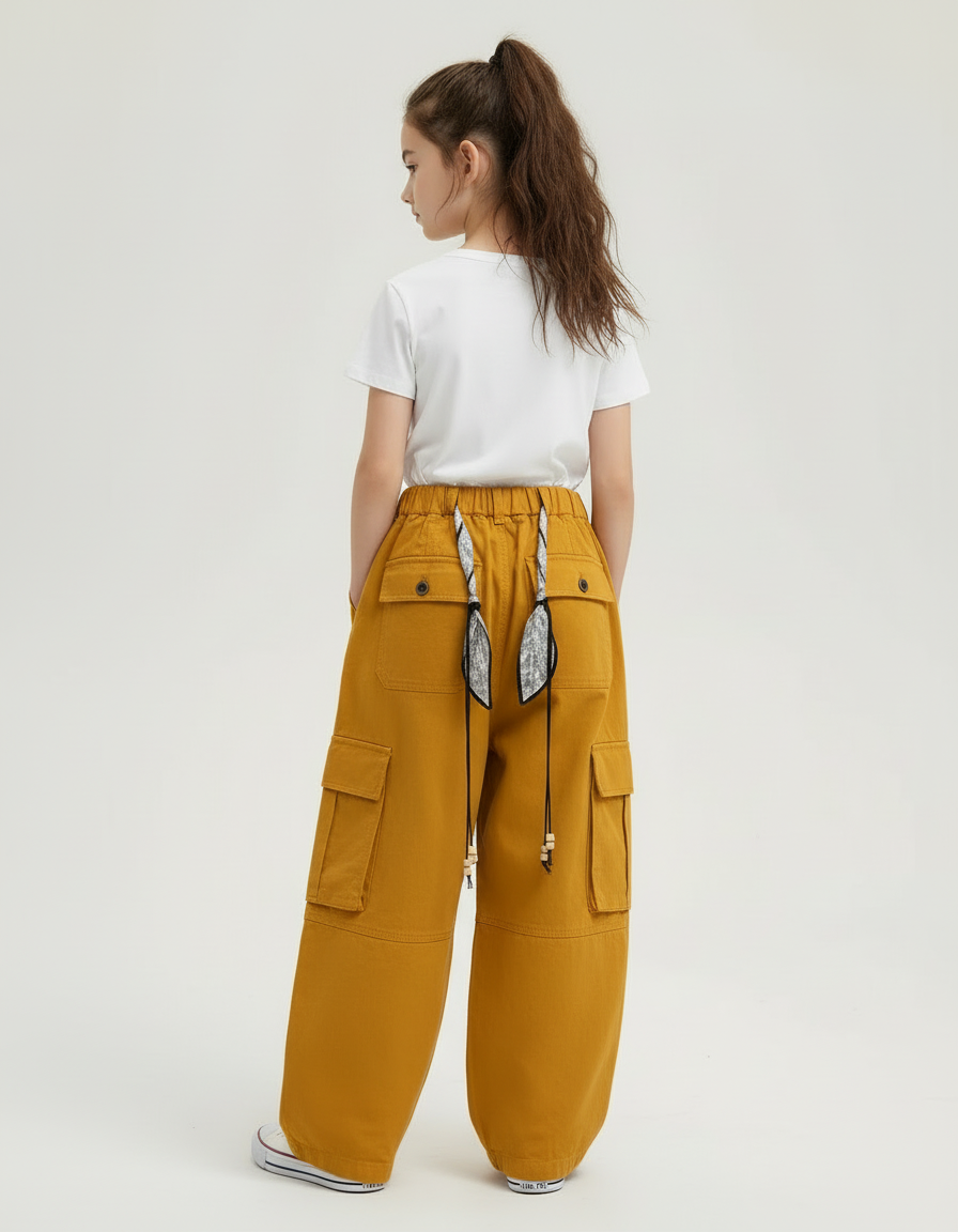 Pantalon Cargo Ample Jaune Moutarde Coton Fille - vue 2