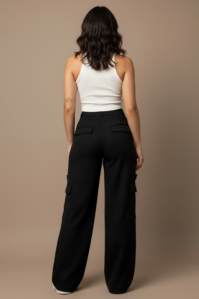 Pantalon Cargo Noir Ample Taille Haute Poches Femme - Gabardine - vue 2