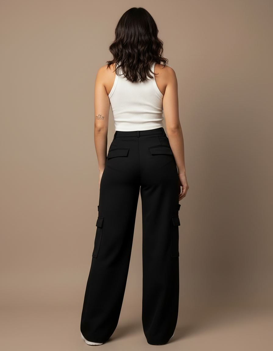 Pantalon Cargo Noir Ample Taille Haute Poches Femme - Gabardine - vue 2