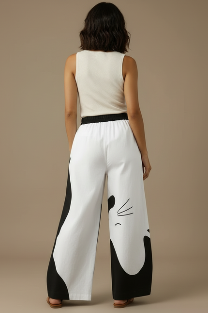 Pantalon Cargo Large Ample Décontracté Imprimé Chat - Lin - vue 2