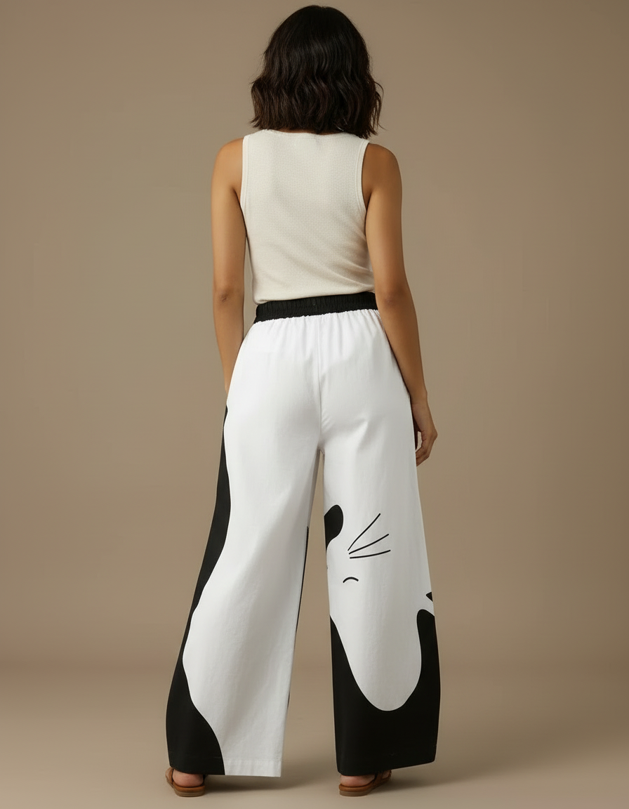 Pantalon Cargo Large Ample Décontracté Imprimé Chat - Lin - vue 2