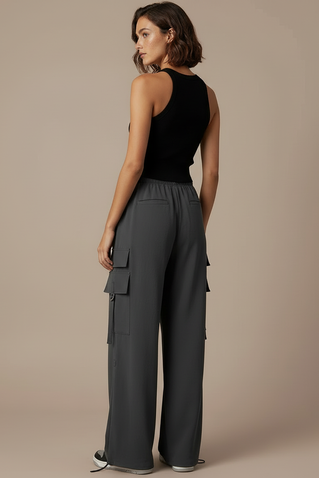 Pantalon Cargo Gris Fluide Large Multipoches Femme - Polyester - vue 2