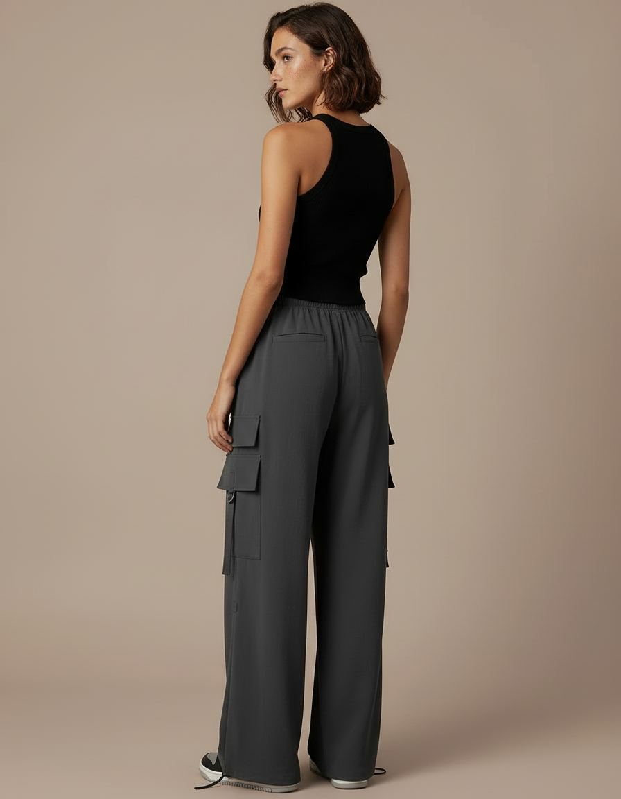Pantalon Cargo Gris Fluide Large Multipoches Femme - Polyester - vue 2
