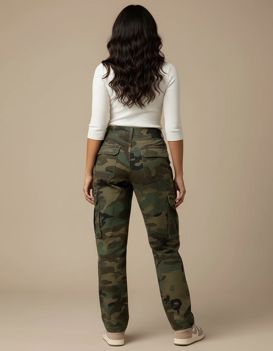 Pantalon Cargo Camouflage Militaire Ample Taille Haute - Multicolore Toile - vue 2