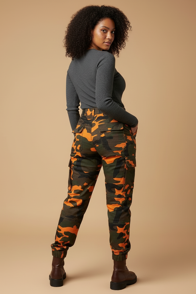 Pantalon Cargo Camouflage Orange Vert Slim Femme - Imprimé Toile - vue 2