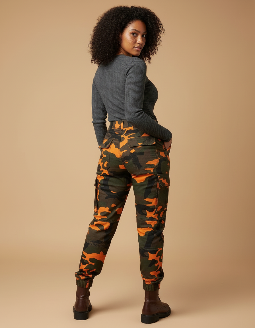 Pantalon Cargo Camouflage Orange Vert Slim Femme - Imprimé Toile - vue 2