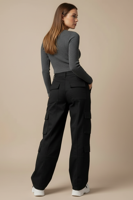 Pantalon Cargo Noir Large Décontracté Poches Multiples - Toile - vue 2