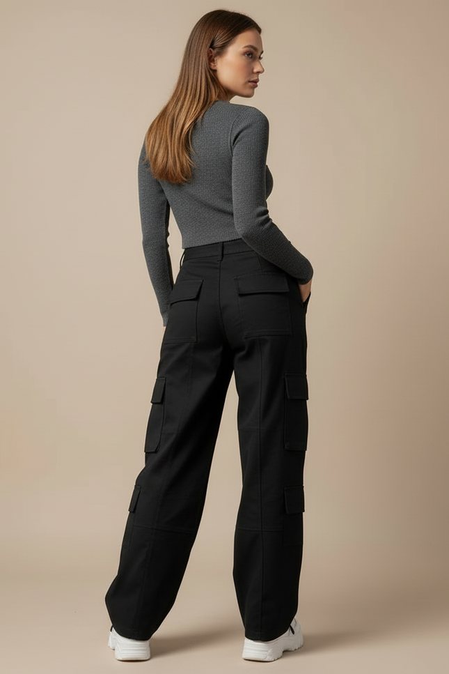 Pantalon Cargo Noir Large Décontracté Poches Multiples - Toile - vue 2