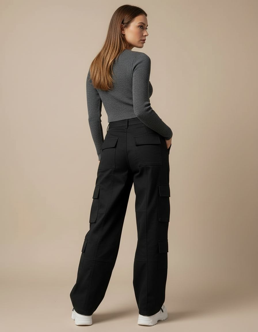 Pantalon Cargo Noir Large Décontracté Poches Multiples - Toile - vue 2