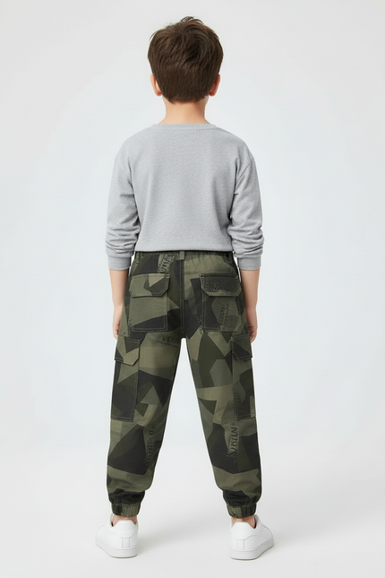 Pantalon Cargo Vert Camouflage Garçon Décontracté Multipoches - Kaki Toile - vue 2