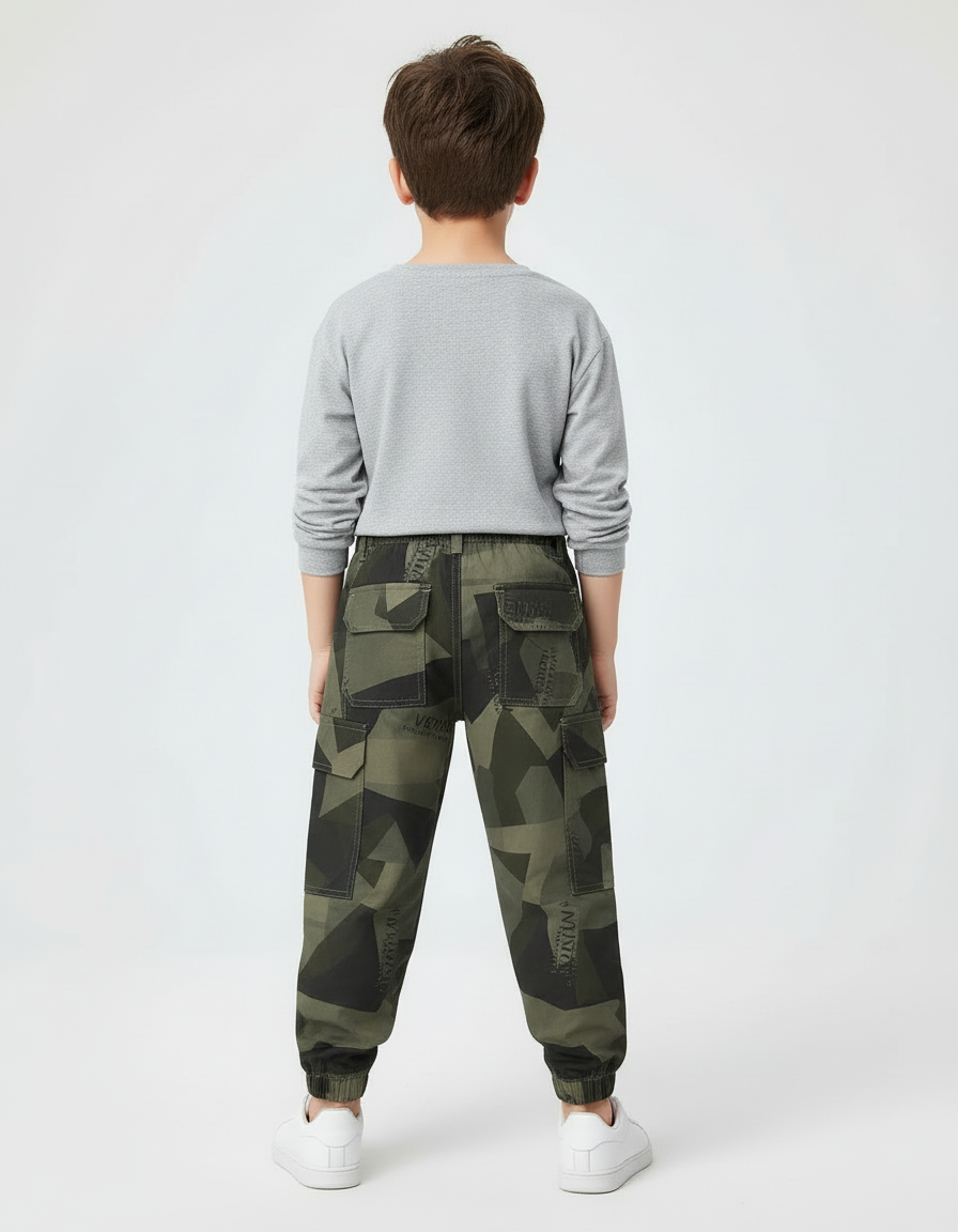 Pantalon Cargo Vert Camouflage Garçon Décontracté Multipoches - Kaki Toile - vue 2