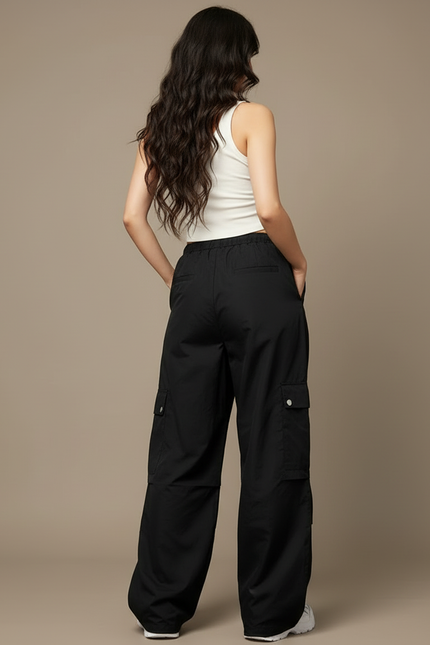 Pantalon Cargo Noir Ample Poches Streetwear Femme - Polyester - vue 2