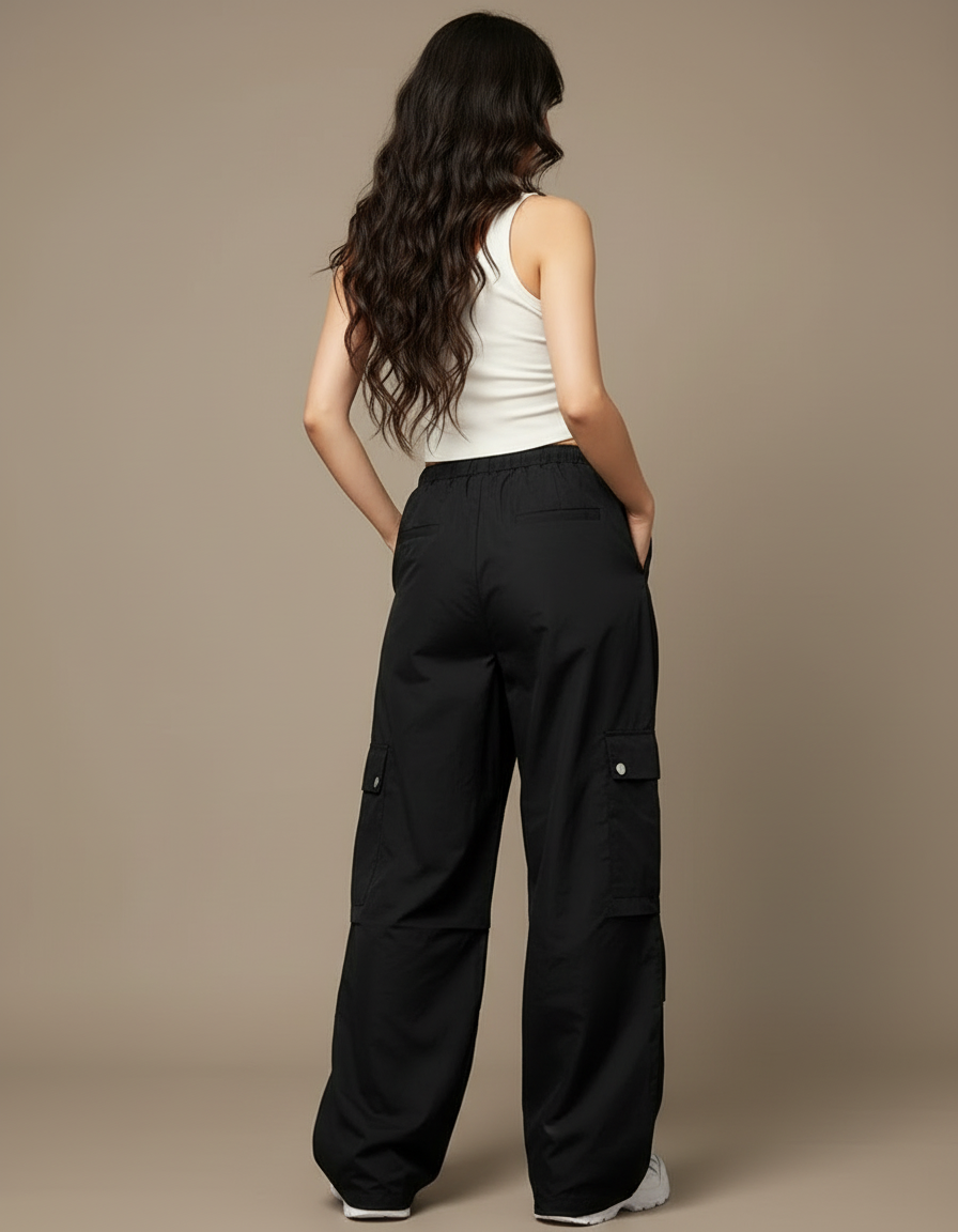 Pantalon Cargo Noir Ample Poches Streetwear Femme - Polyester - vue 2