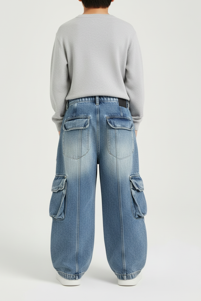 Pantalon Cargo Denim Ample Multipoches Enfant Style Coréen - Bleu Jean - vue 2