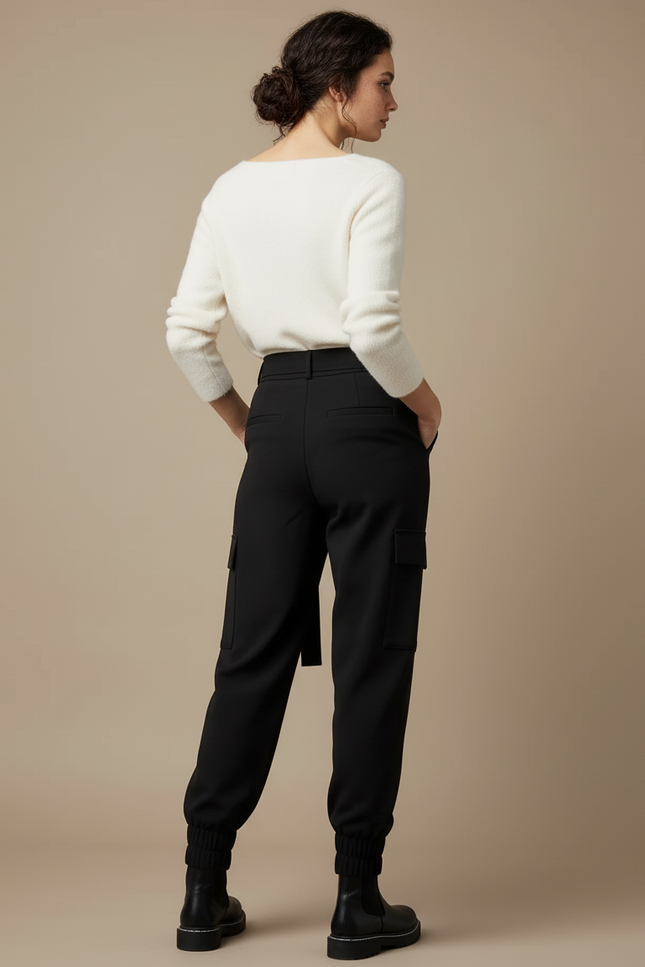 Pantalon Cargo Noir Ample Ceinture Hiver Femme - Gabardine - vue 2