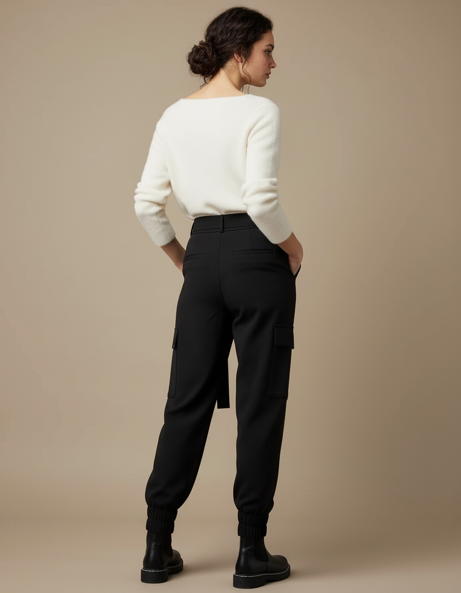 Pantalon Cargo Noir Ample Ceinture Hiver Femme - Gabardine - vue 2