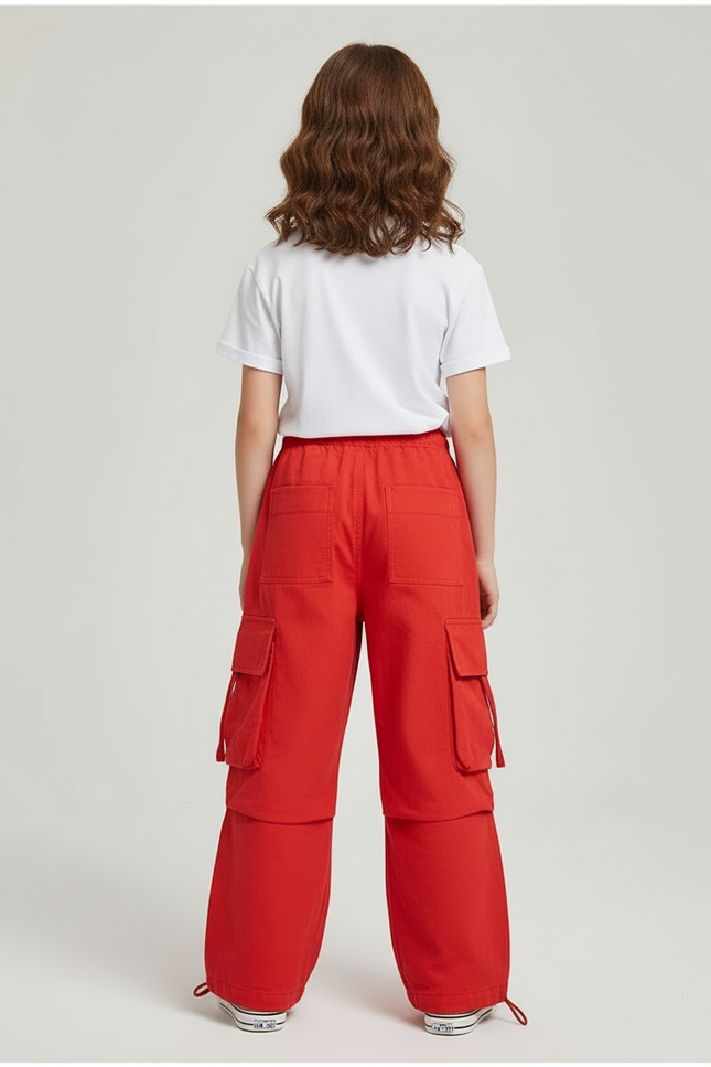 Pantalon Cargo Rouge Ample Coton Multipoches Enfant - Toile - vue 2