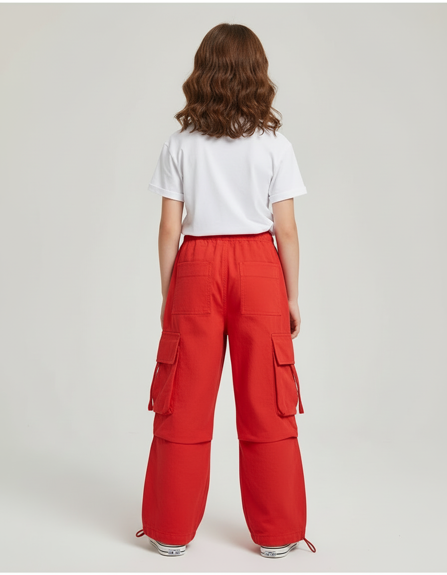 Pantalon Cargo Rouge Ample Coton Multipoches Enfant - Toile - vue 2