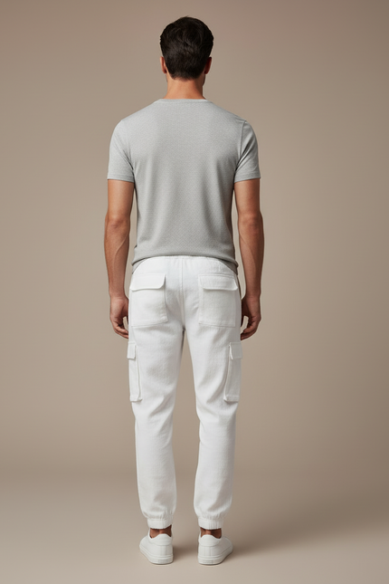 Pantalon Cargo Blanc Coton Lin Cordon Décontracté - vue 2