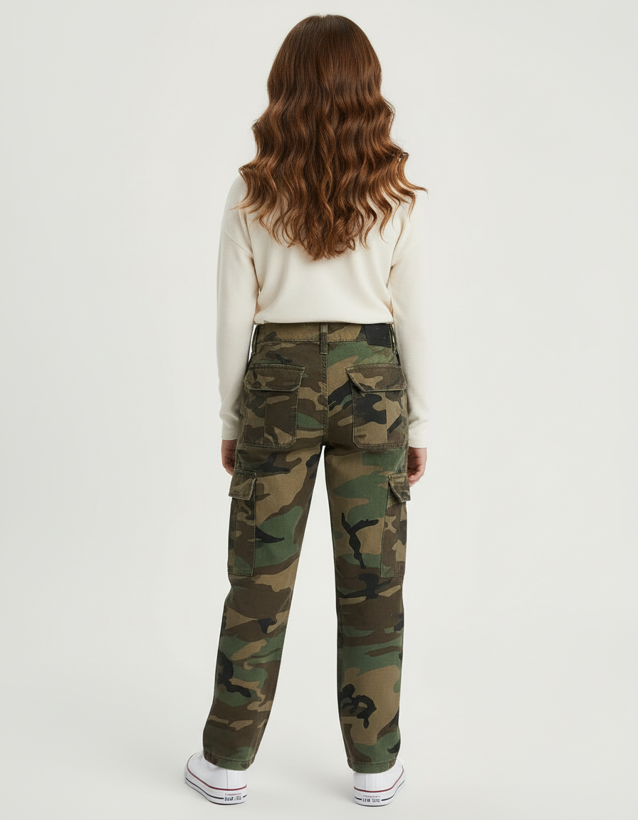 Pantalon Cargo Camouflage Ample Multipoches Fille - Imprimé Toile - vue 2