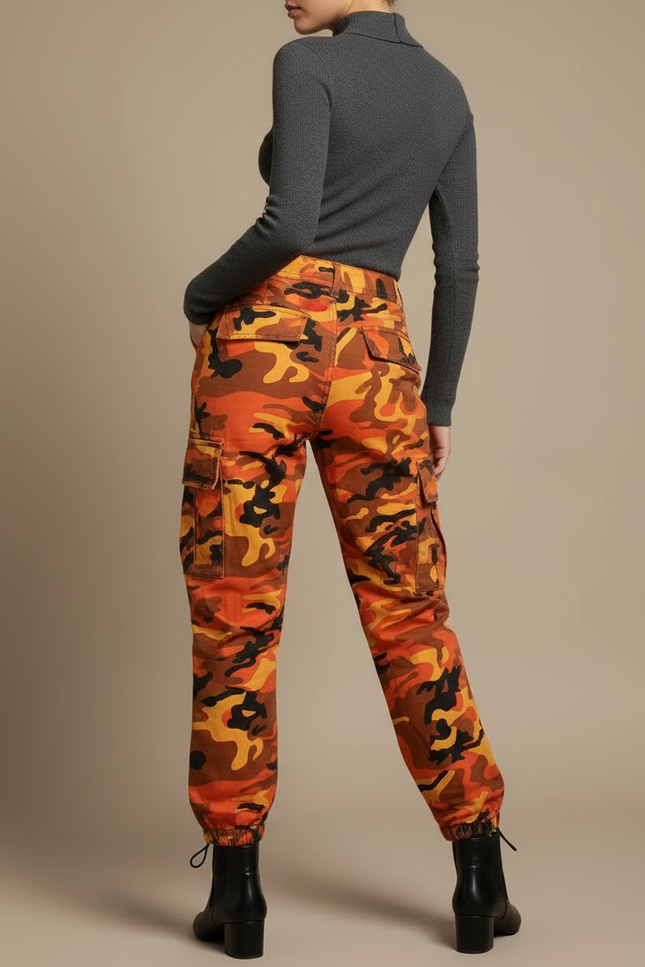 Pantalon Cargo Camouflage Orange Ample Décontracté Femme - Toile - vue 2