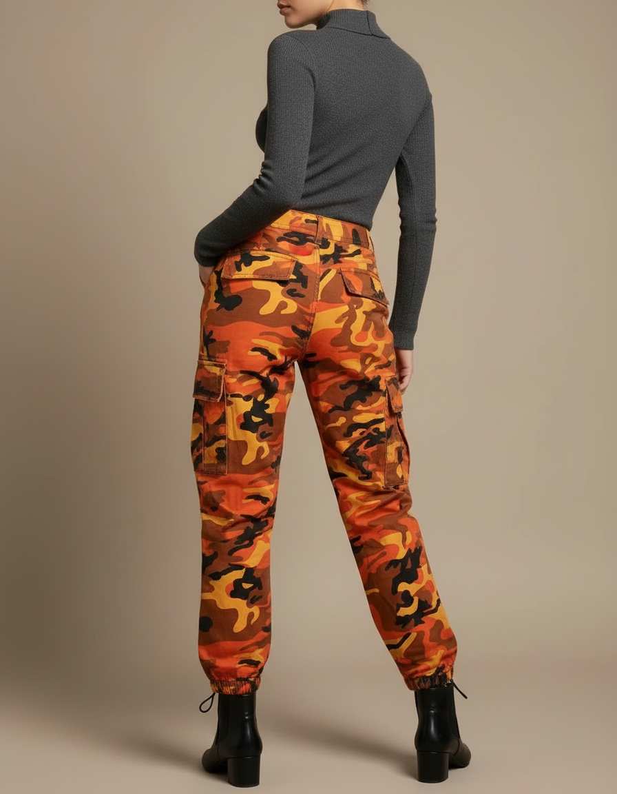 Pantalon Cargo Camouflage Orange Ample Décontracté Femme - Toile - vue 2