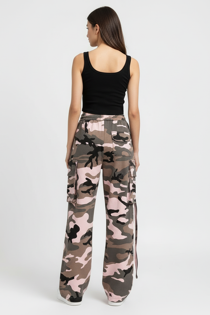 Pantalon Cargo Camouflage Rose Ample Multipoches Femme - Molleton - vue 2