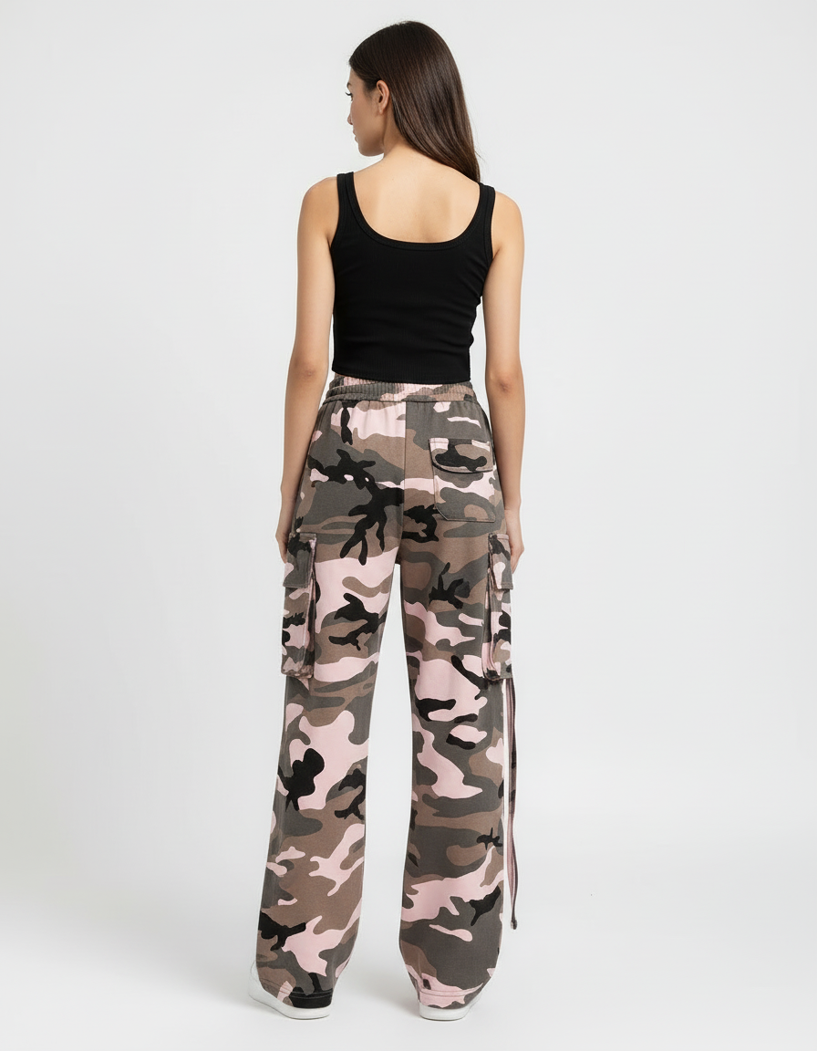 Pantalon Cargo Camouflage Rose Ample Multipoches Femme - Molleton - vue 2
