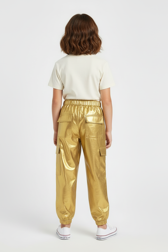 Pantalon Cargo Métallique Doré Ample Poches Enfant - Simili cuir - vue 2