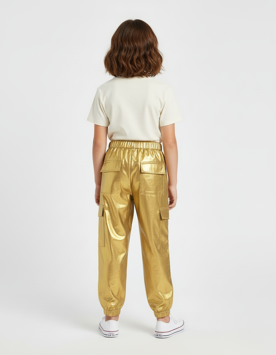 Pantalon Cargo Métallique Doré Ample Poches Enfant - Simili cuir - vue 2