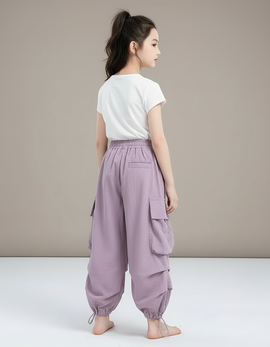 Pantalon Cargo Parme Ample Multipoches Enfant Léger - Violet Polyester - vue 2