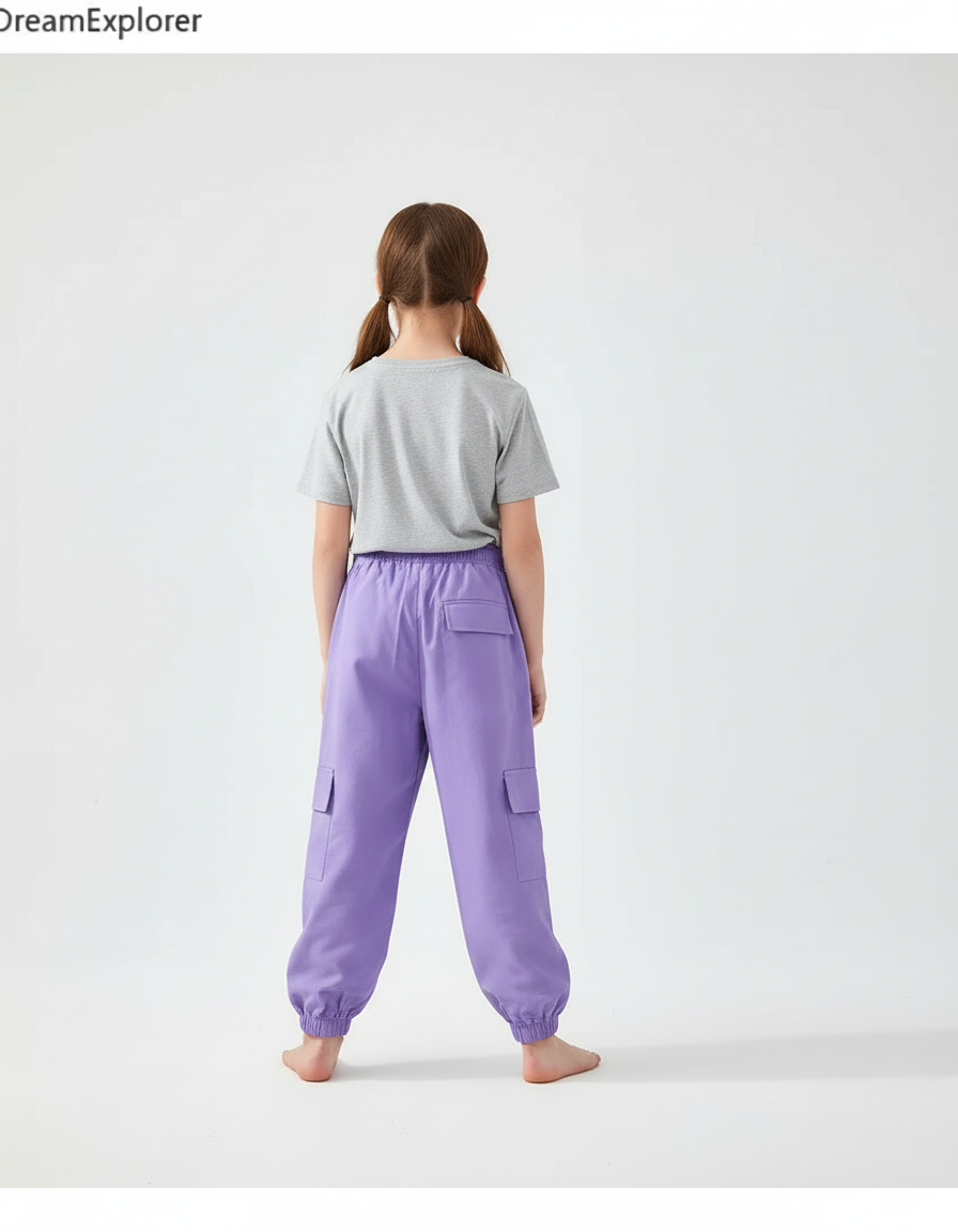 Pantalon Cargo Violet Ample Poches Élastique Fille Coton - vue 2