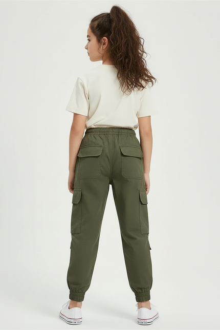 Pantalon Cargo Vert Militaire Ample Multipoches Enfant - Kaki Polyester - vue 2