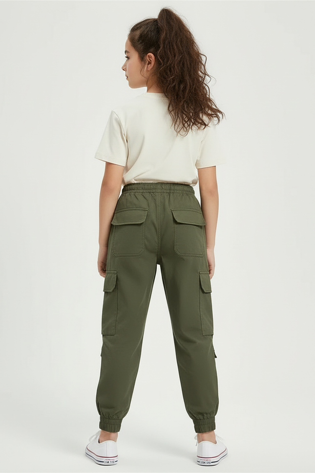 Pantalon Cargo Vert Militaire Ample Multipoches Enfant - Kaki Polyester - vue 2