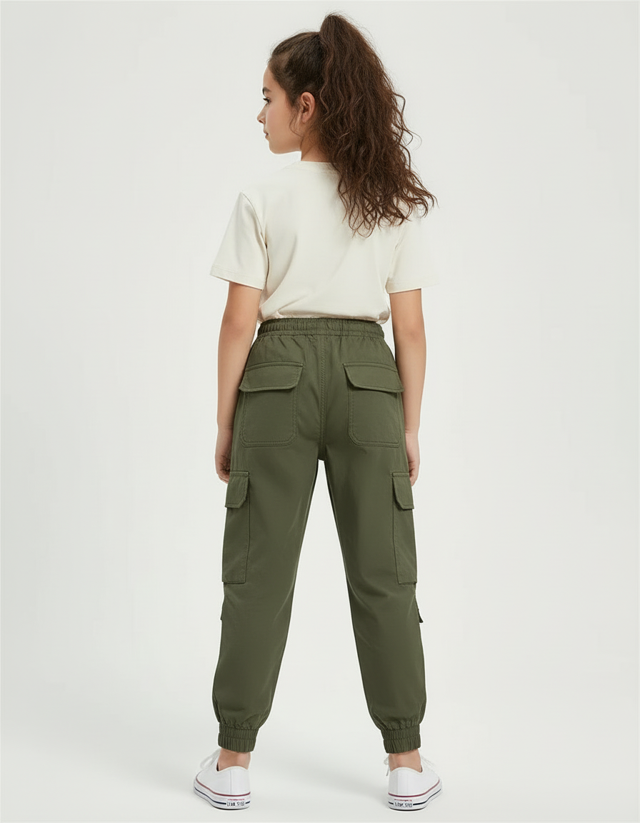 Pantalon Cargo Vert Militaire Ample Multipoches Enfant - Kaki Polyester - vue 2