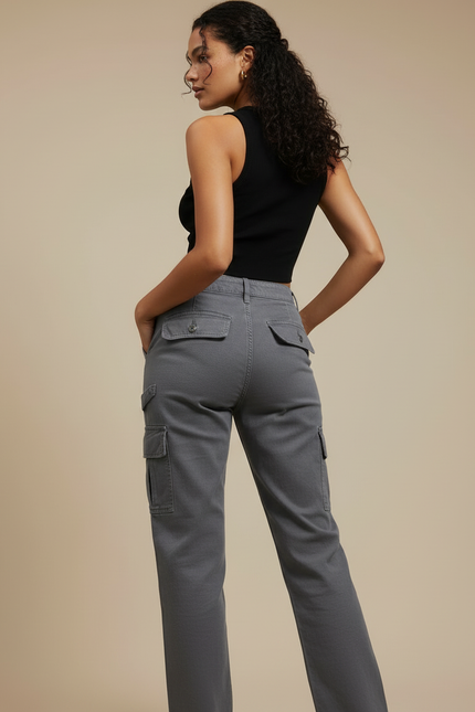 Pantalon Cargo Gris Décontracté Coupe Droite Multipoches Femme - Toile - vue 2
