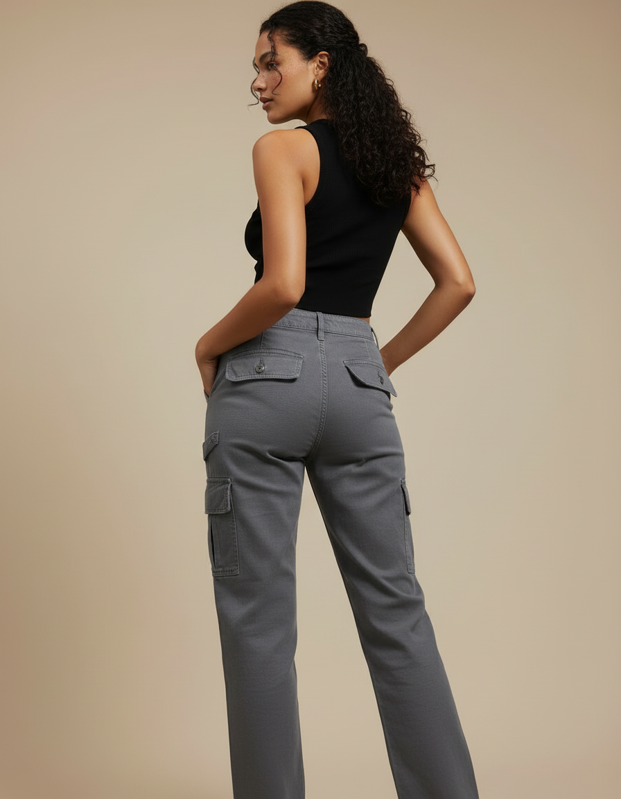 Pantalon Cargo Gris Décontracté Coupe Droite Multipoches Femme - Toile - vue 2