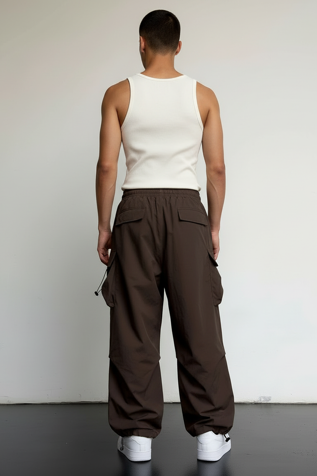 Pantalon Cargo Marron Ample Streetwear Cordon Homme - Polyester - vue 2
