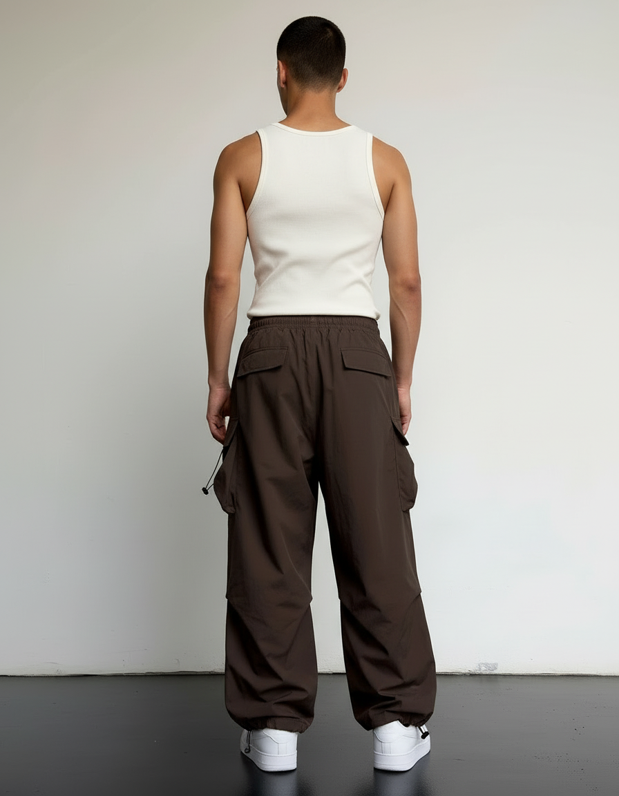 Pantalon Cargo Marron Ample Streetwear Cordon Homme - Polyester - vue 2
