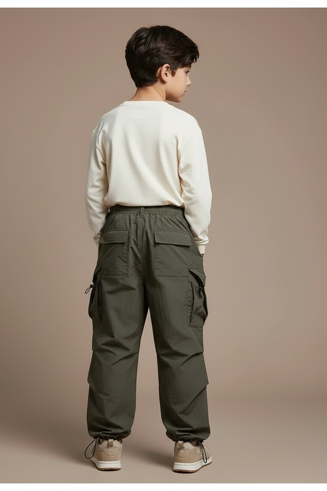 Pantalon Cargo Garçon Vert Olive Parachute - Kaki Polyester - vue 2