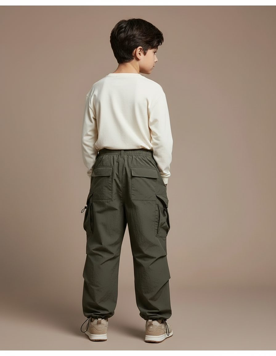 Pantalon Cargo Garçon Vert Olive Parachute - Kaki Polyester - vue 2