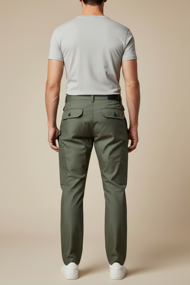 Pantalon Cargo Vert Militaire Droit Multipoches Coton - Kaki - vue 2